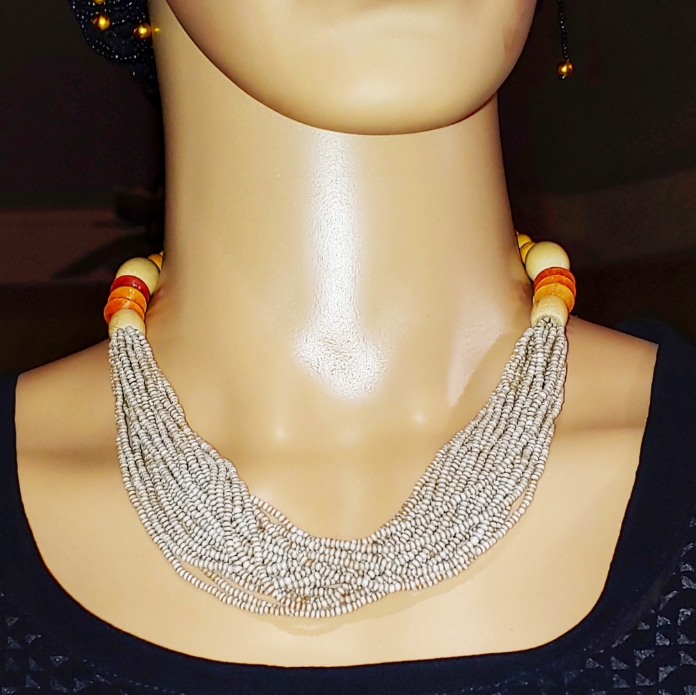 ``N925N298 Vintage Multi-Strand Gray & Ivory Beaded Choker Necklace